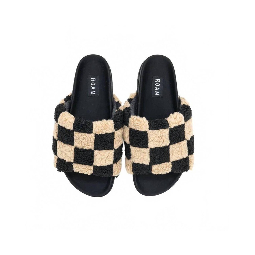 ROAM Fuzzy Checker Sliders Womens 6 Black Beige Faux Shearling Sandals